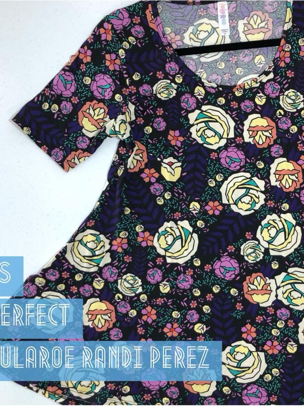 LuLaRoe Navy Floral Scoop-Neck Tee with Multicolor Roses